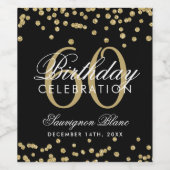 Goud Zwart 60e Verjaardag Glitter Confetti Wijn Etiket (Enkel label)