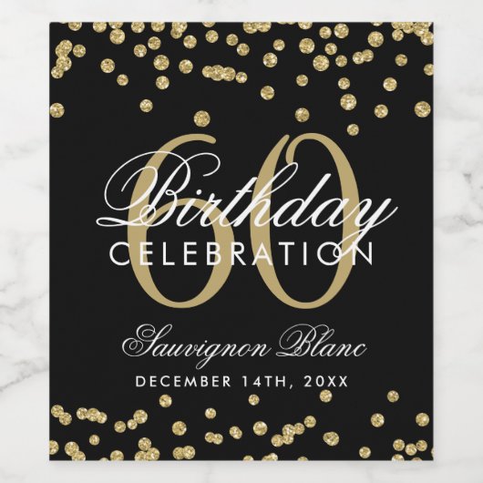 Goud Zwart 60e Verjaardag Glitter Confetti Wijn Etiket (Enkel label)