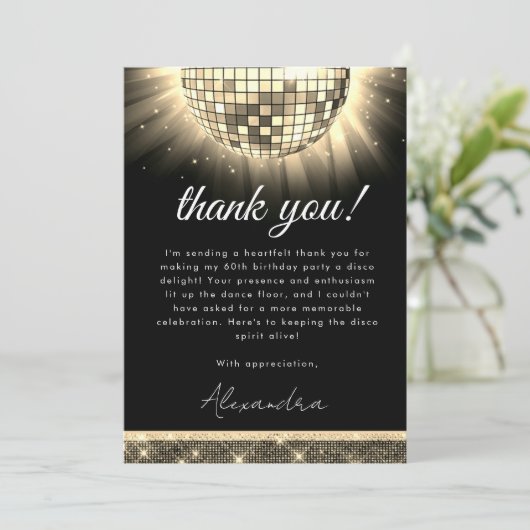 Goud Zwart 60e Verjaardagsfeestje 70's Disco Ball Bedankkaart (Staand voorkant)