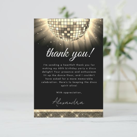 Goud Zwart 60e Verjaardagsfeestje 70's Disco Ball Bedankkaart (Staand voorkant)