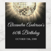 Goud Zwart 60e Verjaardagsfeestje 70's Disco Ball Wijn Etiket (Enkel label)