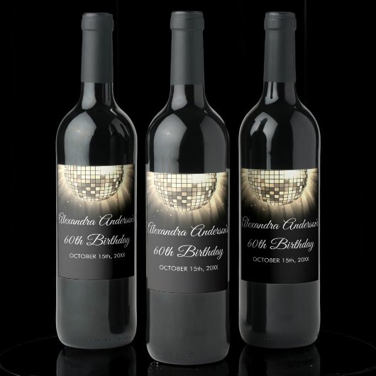 Goud Zwart 60e Verjaardagsfeestje 70's Disco Ball Wijn Etiket