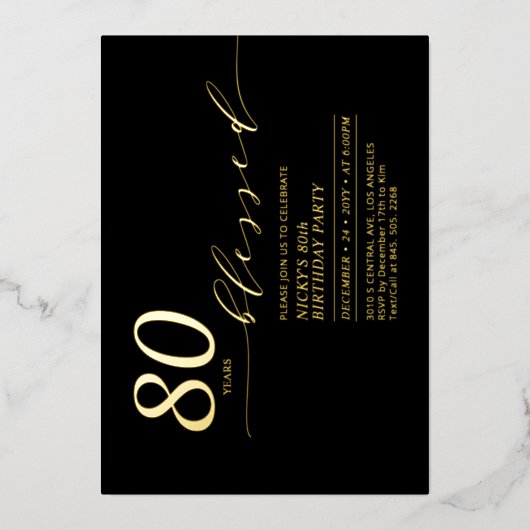 Goud & zwart 80 jaar geliefd 80e verjaardagsfeestj folie uitnodiging (Voorkant)