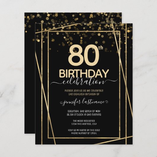 Goud Zwart 80e Verjaardagsfeestje Budget Uitnodigi (Voorkant / Achterkant)