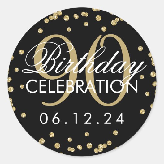 Goud Zwart 90e Verjaardag Glitter Confetti Ronde Sticker (Voorkant)