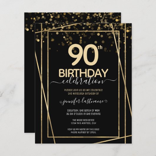 Goud Zwart 90e Verjaardagsfeestje Budget Uitnodigi (Voorkant / Achterkant)