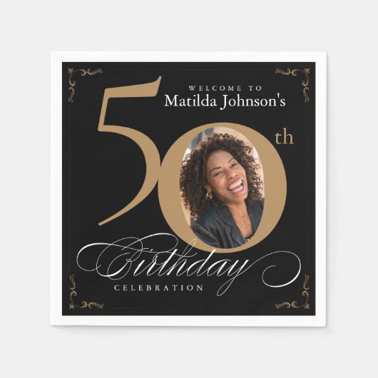 Goud Zwart Aangepaste Foto 50e Verjaardagsfeestje Servet (Voorkant)