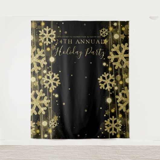 Goud Zwart Achtergrond Bedrijfsfeest Kerstborrel Wandkleed (Voorkant)