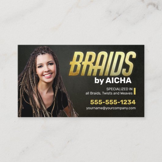 Goud Zwart Afrikaans Vlechten Salon Haar Braider Visitekaartje (Voorkant)