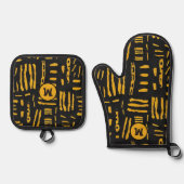 Goud Zwart Afrikaanse lijn Patroon Monogram Ovenwant & Pannenlap Set (Voorkant)