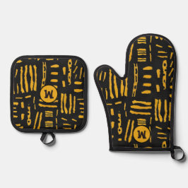 Goud Zwart Afrikaanse lijn Patroon Monogram Ovenwant & Pannenlap Set