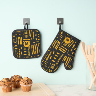 Goud Zwart Afrikaanse lijn Patroon Monogram Ovenwant & Pannenlap Set