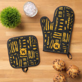 Goud Zwart Afrikaanse lijn Patroon Monogram Ovenwant & Pannenlap Set (Top down)