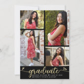 Goud Zwart Afstuderen 4 foto kalligrafie harten Aankondiging (Voorkant)