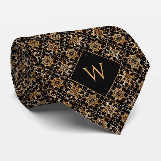  Goud & Zwart Arabesk Monogram Stropdas (Opgerold)