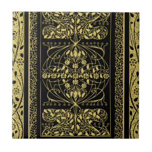 Goud & Zwart Art Deco  Bloemen Swirl Tegeltje
