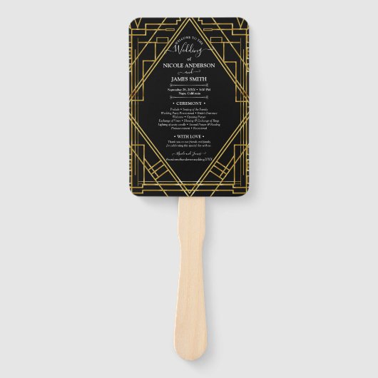 Goud & Zwart Art Deco Bruiloftsprogramma in de sti Handwaaier (Voorkant)