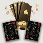 Goud Zwart Art Deco Casino Vegas Poker Trouwen Kaart<br><div class="desc">Uniek Casino Royale-thema kaartontwerp. Het bevat vintage nep-gouden fleur-de-lis, Roaring 20's oude Hollywood, speelkaarten kleuren, op gouden art deco patroon. Speciale teksten worden gebruikt zoals in poker game. Aan de achterkant nep-gouden Art Deco patroon, initialen. Gebruik het hulpmiddel Personaliseren om uw informatie toe te voegen. Ga voor meer naar mijn...</div>