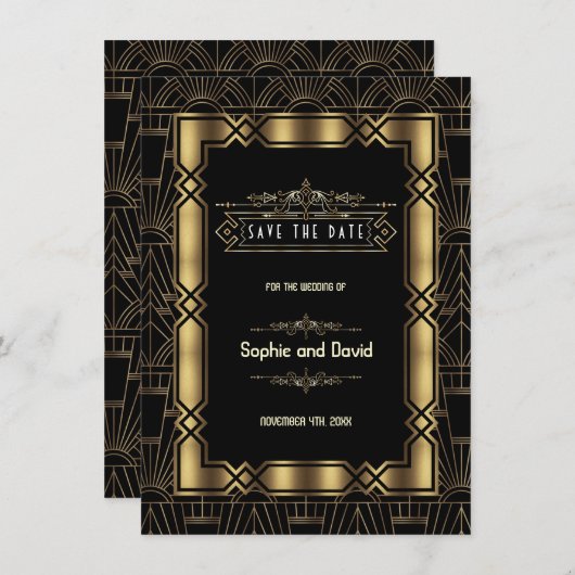 Goud Zwart Art Deco Gatsby Jaren 20 Opslagbericht Save The Date (Voorkant / Achterkant)