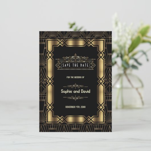 Goud Zwart Art Deco Gatsby Jaren 20 Opslagbericht Save The Date (Staand voorkant)