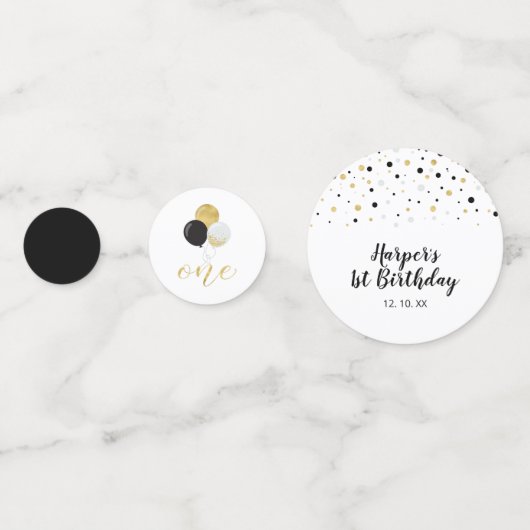 Goud & Zwart | Ballonnen 1e verjaardagsfeestje Confetti (Achterkanten)