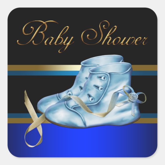 Goud Zwart Blauw Baby Booties Jongen Douche Sticke Vierkante Sticker (Voorkant)