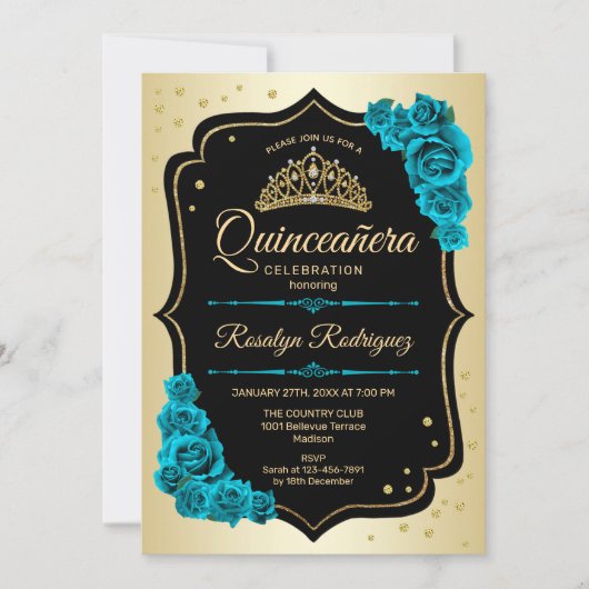 Goud Zwart Blauwgroen Elegant Quinceanera Kaart (Voorkant)