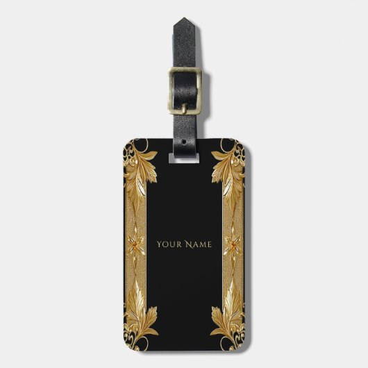 Goud Zwart  Bloemen Bagagelabel (Voorkant verticaal)