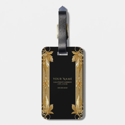 Goud Zwart  Bloemen Bagagelabel (Achterkant verticaal)