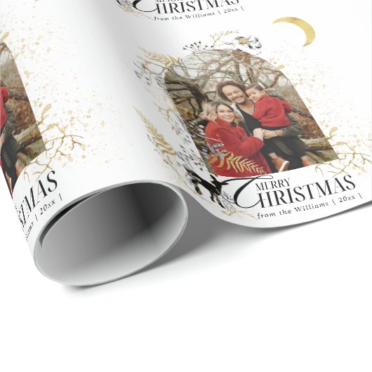 Goud & Zwart Bloemen Boho Arch Foto Kerstmis Cadeaupapier (Rol Hoek)