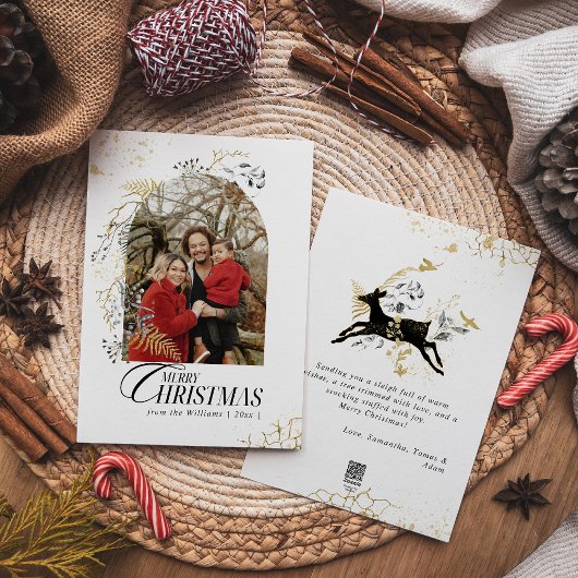 Goud & Zwart Bloemen Boho Arch Foto Kerstmis Feestdagenkaart