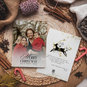 Goud & Zwart Bloemen Boho Arch Foto Kerstmis Feestdagenkaart