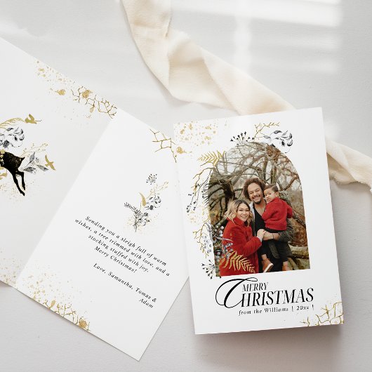 Goud & Zwart Bloemen Boho Arch Foto Kerstmis Kaart
