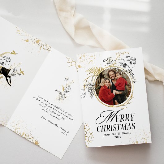 Goud & Zwart Bloemen Boho Arch Foto Kerstmis Kaart