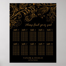 Goud Zwart Bloemen Bruiloft 10 Tafels Zitkaarten Poster