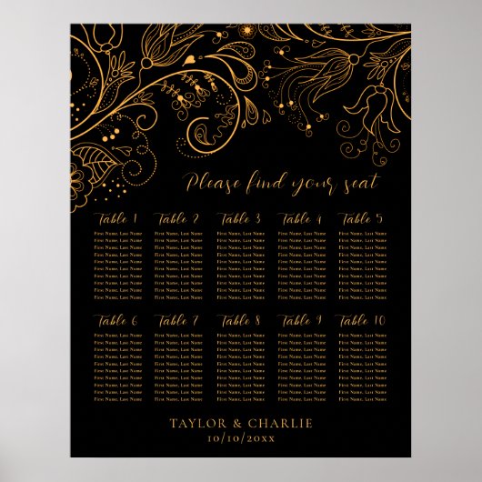 Goud Zwart Bloemen Bruiloft 10 Tafels Zitkaarten Poster (Voorkant)