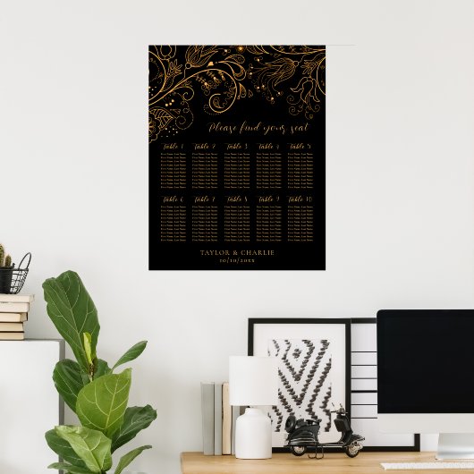 Goud Zwart Bloemen Bruiloft 10 Tafels Zitkaarten Poster (Thuiskantoor)