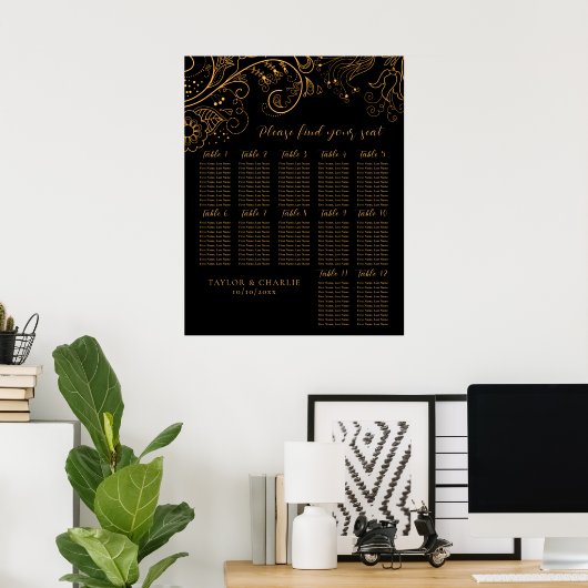 Goud Zwart Bloemen Bruiloft 12 Tafels Zitkaarten Poster (Thuiskantoor)