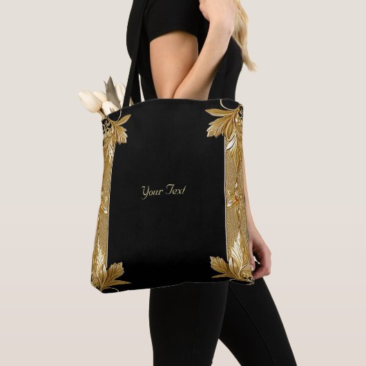 Goud Zwart  Bloemen Canvas tas (Dichtbij)