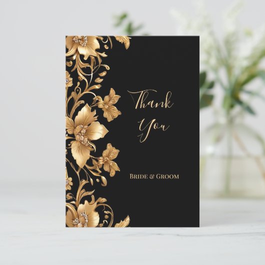 Goud Zwart  Bloemen Dankjewel Kaart (Staand voorkant)
