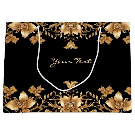 Goud Zwart  Bloemen Geschenktas Groot Cadeauzakje (Voorkant)