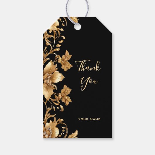 Goud Zwart  Bloemen Gift Label Cadeaulabel (Voorkant)