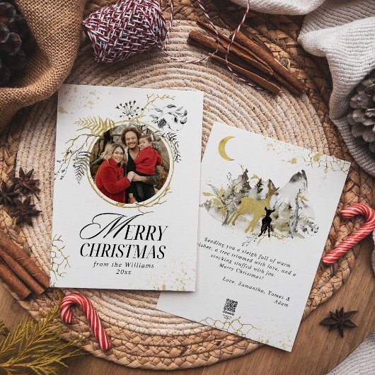 Goud & Zwart Bloemen Krans Foto Kerstmis Feestdagenkaart