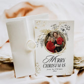 Goud & Zwart Bloemen Krans Foto Kerstmis Feestdagenkaart