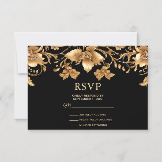 Goud Zwart Bloemen RSVP Kaart (Voorkant)