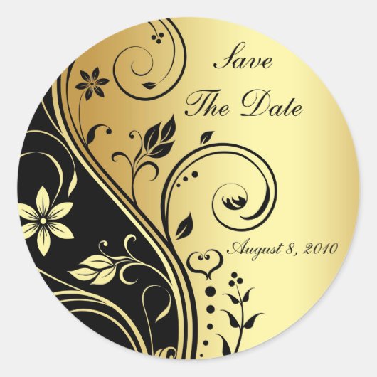 Goud & Zwart Bloemen Scroll Save The Date Sticker (Voorkant)