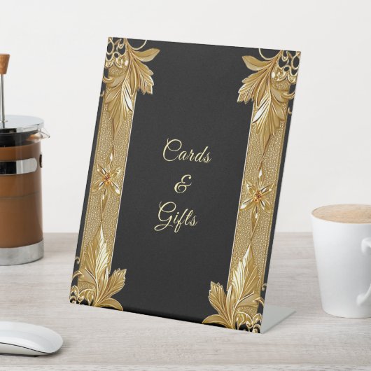 Goud Zwart  Bloemen Tafelblad Tekenen Reclamebord Met Voetstuk (Insitu)