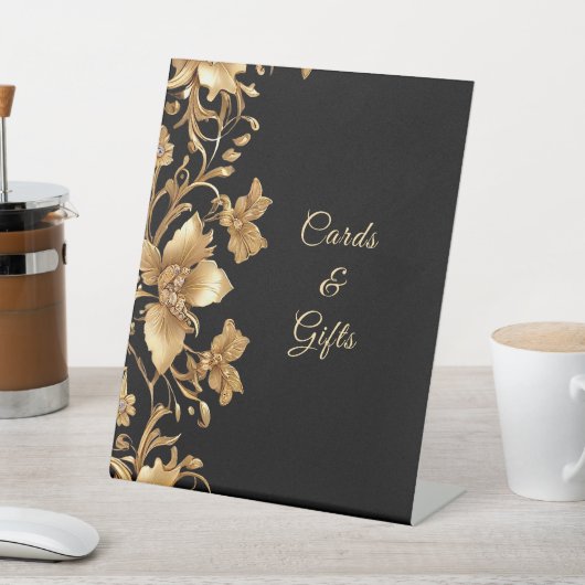 Goud Zwart  Bloemen Tafelblad Tekenen Reclamebord Met Voetstuk (Insitu)