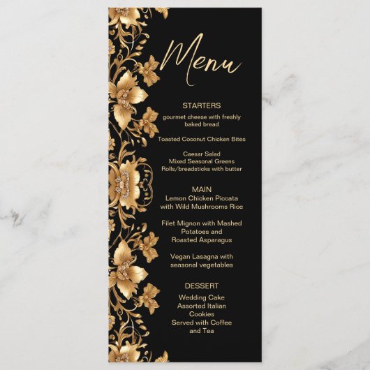 Goud Zwart Bloemen Trouwmenu Menu (Voorkant)