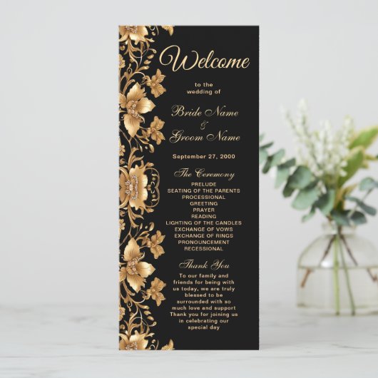 Goud Zwart  Bloemen Trouwprogramma Programmakaart (Staand voorkant)